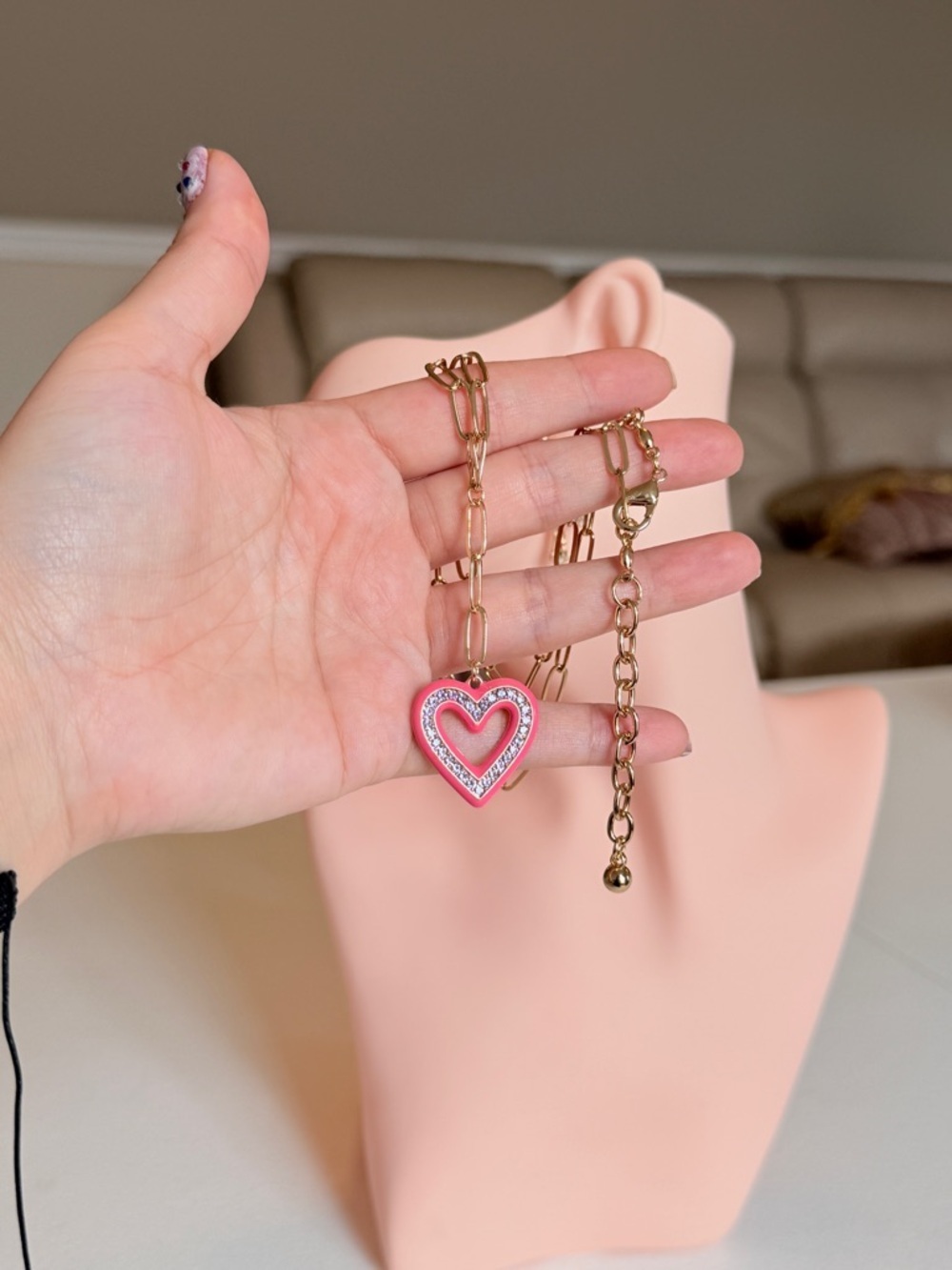 Gold Chain Necklace with Pink Heart Pendant - Picture 8 of 9